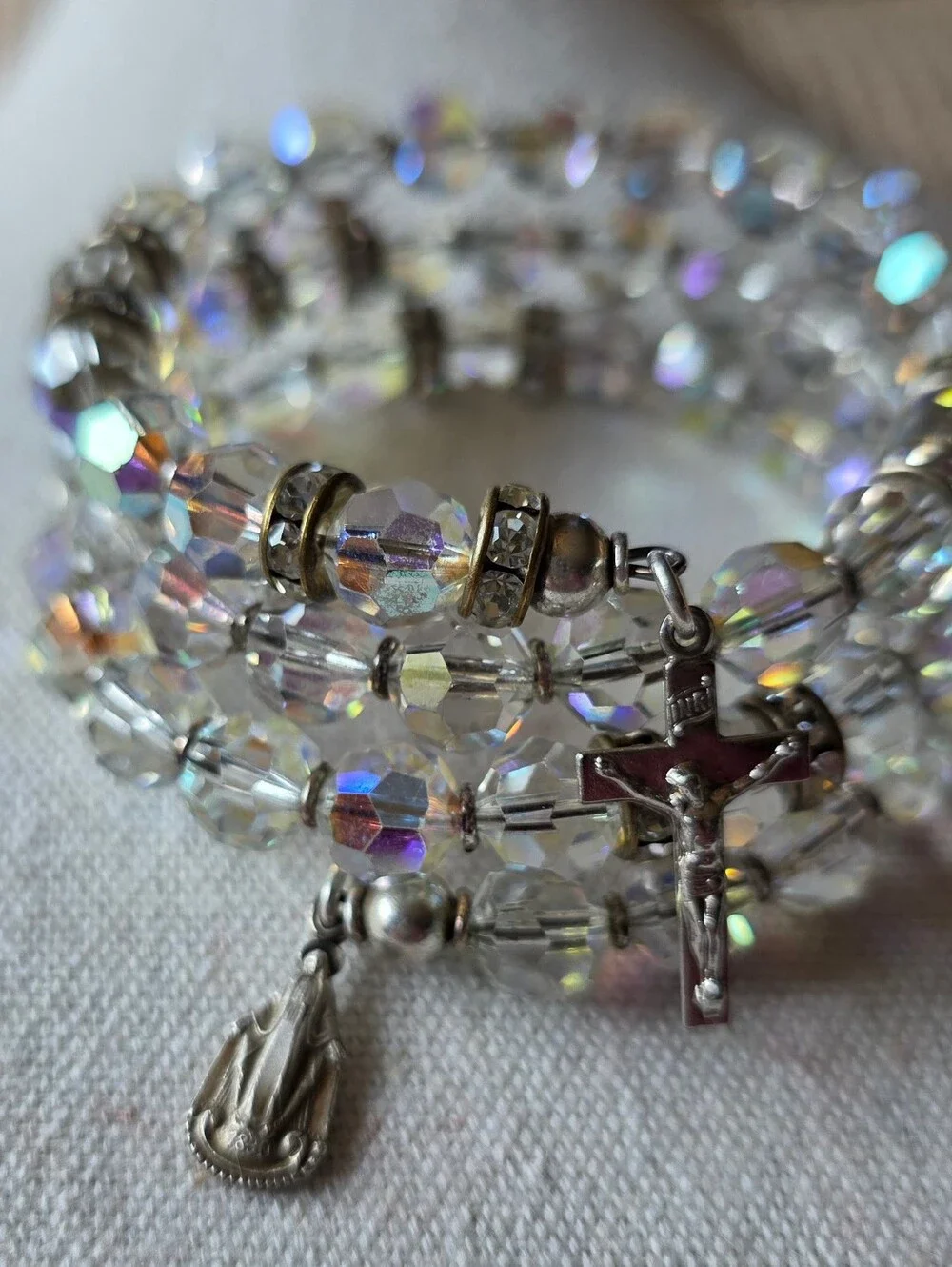 Vintage Sterling Crucifix Mary Medal Aurora Borealis Crystal Coil Bracelet Italy